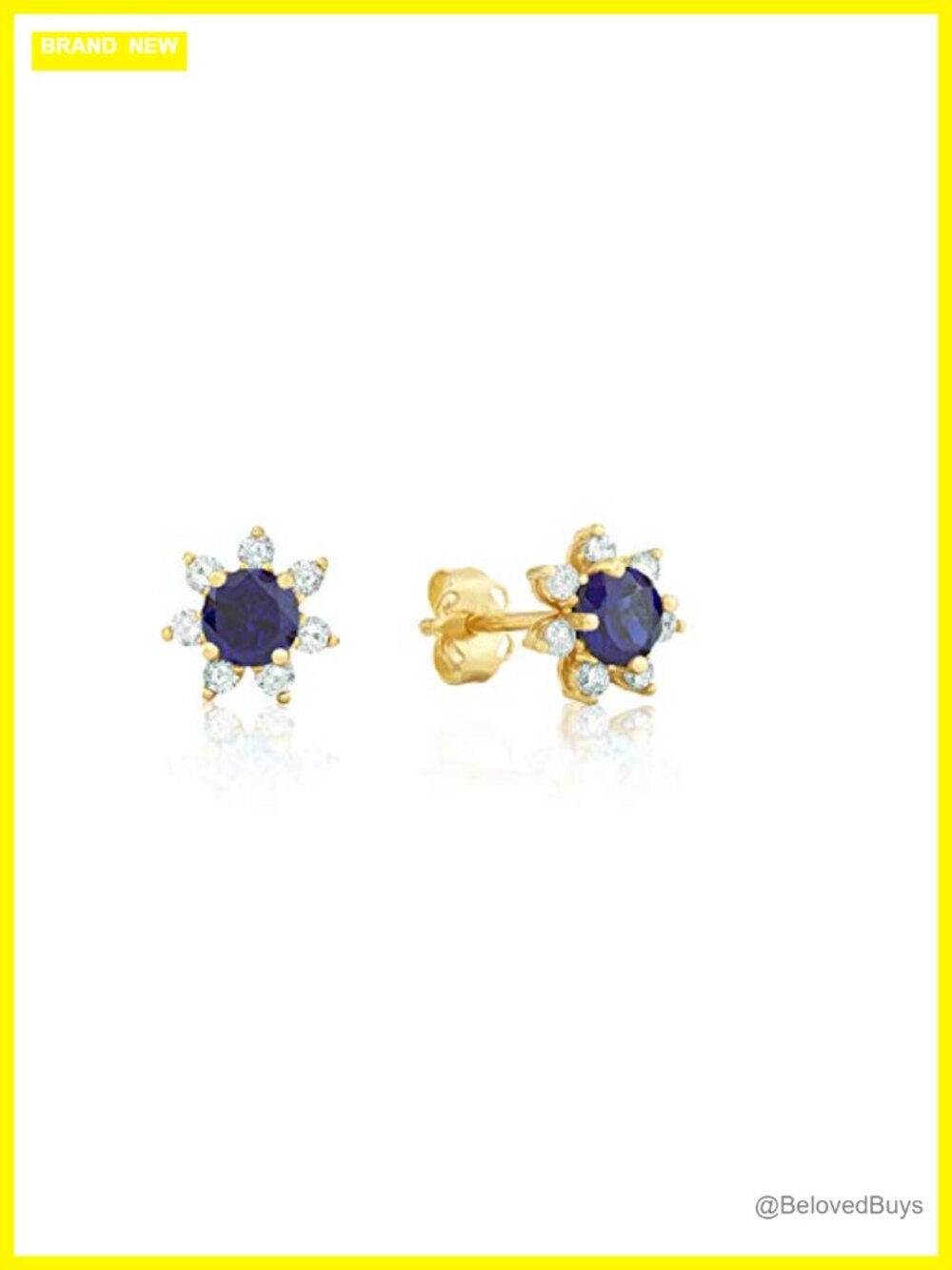 Solid 14K Yellow Gold 4MM Created Sapphire Stud Earrings with Diamond Halo